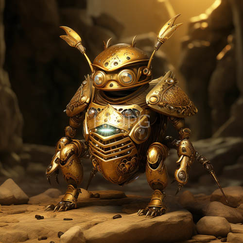 High Resolution: Robotic beetle warriors stand on rocky terrain in dim cavelike environment download. | HRJPG.com