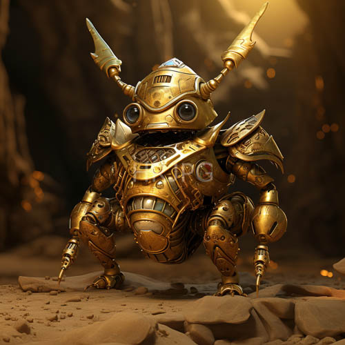 mechanical warriors stand tall amidst rocky caverns framed by golden light