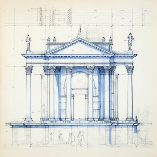 classical temple facade rendered in blue ink and pencil with intricate corinthian columns