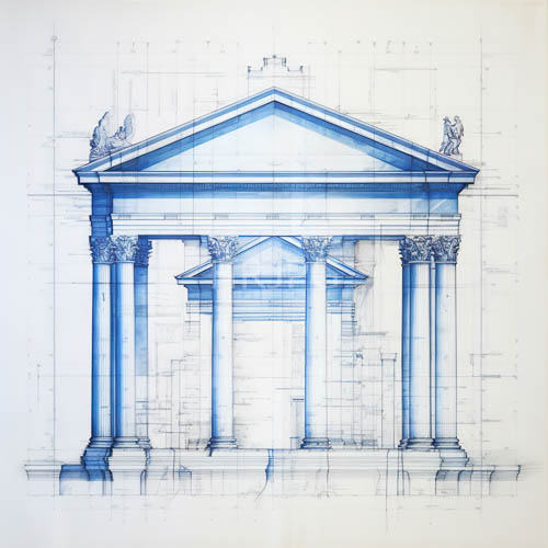 classical temple structure defined by intricate corinthian capitals and detailed friezes on white paper