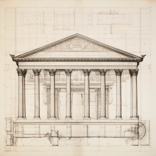 High Resolution: Neoclassical temple facades sketched with black ink on aged textured paper download. | HRJPG.com