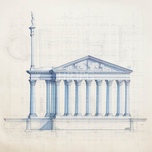 classical temples rendered with six tall columns in blue pencil with intricate pediment and spire