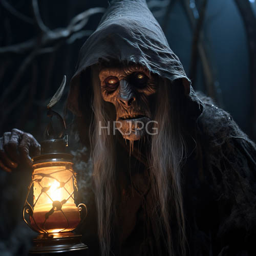 elderly witch stands amidst tattered robes amidst forest shadows