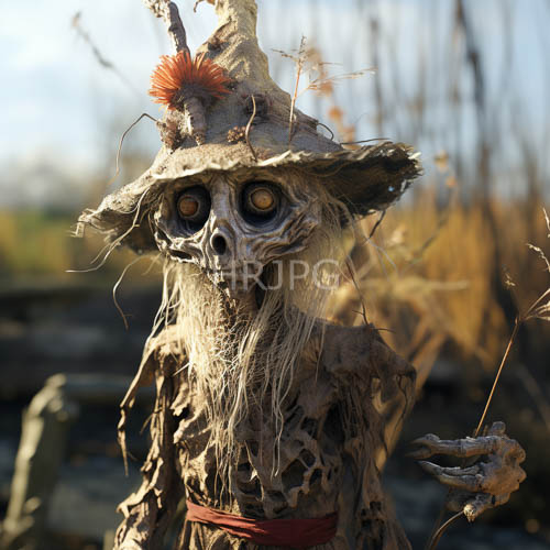 skeletal humanoid figures amidst overgrown forest decay with orange flower adornments