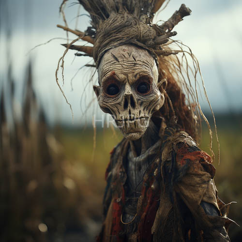 skeletal masks adorned with twisted branches and tattered earthy attire in faded color palette
