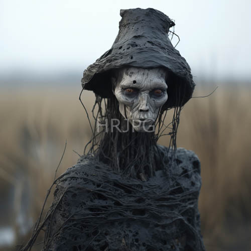 skeletal faces stare forward from hollow darkened eyes amidst tattered black fabric and clay or mud texture hats