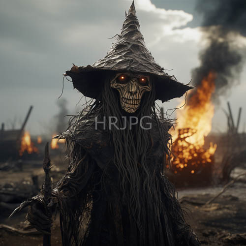 High Resolution: Skeletal Figures Amidst Burning Ruins with Fiery Oranges and Cold Shadows download. | HRJPG.com