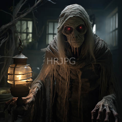 skeletal figures hold lanterns in desolate room with tattered bandages and dim light