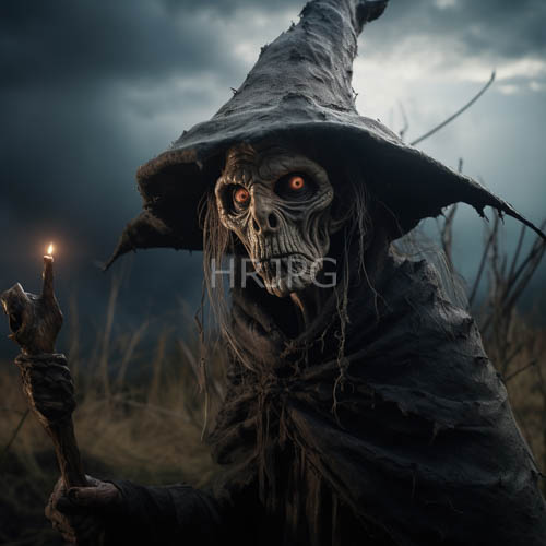 skeletal witches conjure flickering flames in stormy barren landscapes