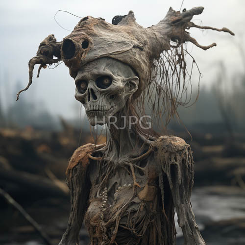 decayed skeletal humanoids emerge from misty forests with long brown hair flowing from twisted wood headpieces