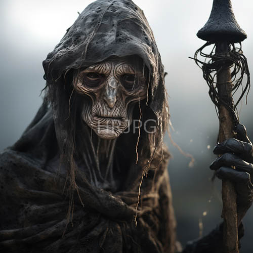 skeletal figures standing poised amidst ominous foggy landscape with swirling vapors