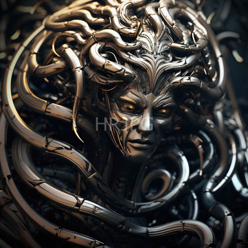 metallic humanoid faces emerge from dark silvergray void with hightech robotic mystery