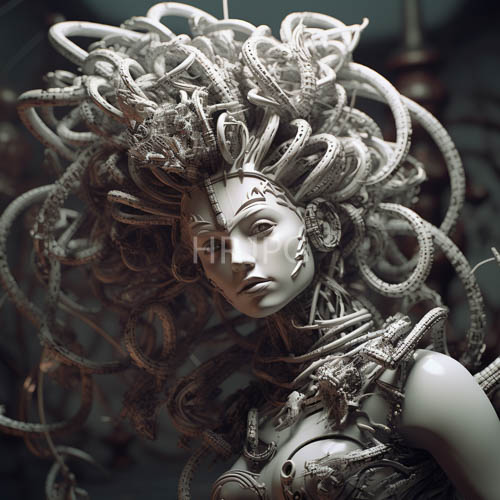 mechanical hair amidst industrial backdrop and intricate porcelain doll faces