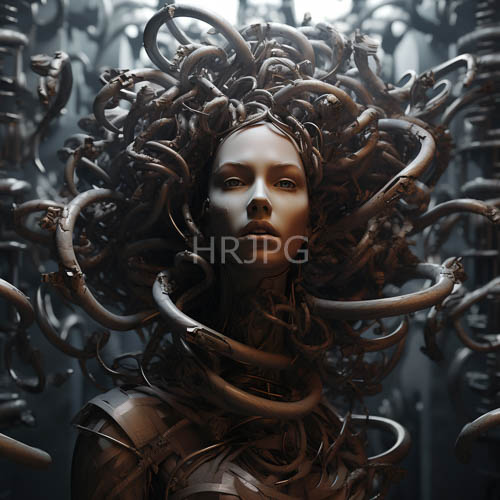 metallic women with intense green eyes confront foggy dark backgrounds