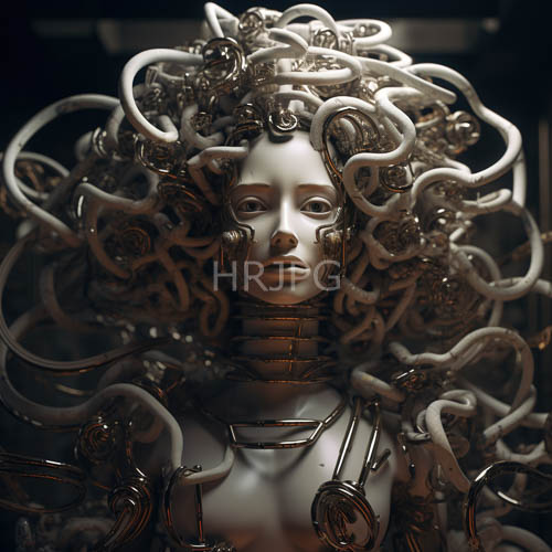 metallic humanoids with intricate metallic hair and piercing eyes on isolated backgrounds