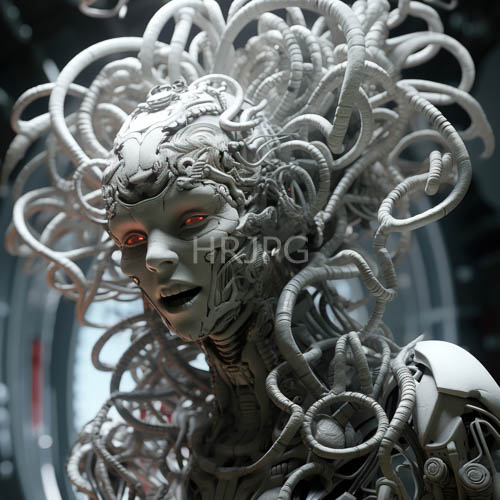 mechanical humanoid figures with pale skin feature glowing red eyes in hollow sockets amidst white tubing
