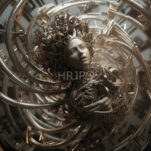 High Resolution: Metallic Figures with Curly GearLike Hair in Complex Mechanical Patterns and Blurred Background download. | HRJPG.com