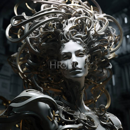industrial chaos surrounds serene silverhued meditative figures in metallic ribbons