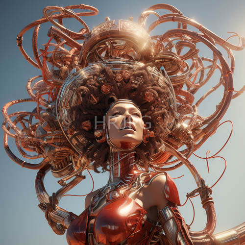 redarmored women with copperwired circuit hair in complex datadriven patterns amidst metallic landscapes