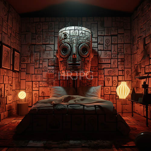 redlit bedrooms feature geometric and symbolic masks mounted above whitesheeted beds in mysterious ancient art spaces