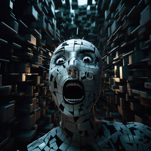 shattered identity tiles in geometric corridor of broken reality forms