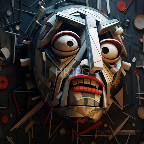 tribal masks confront geometric shapes in darkened minimalist setting