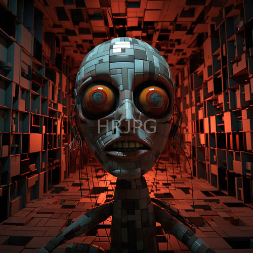 mosaicpatterned humanoid faces emerge from labyrinthine corridors of redtinted blocks