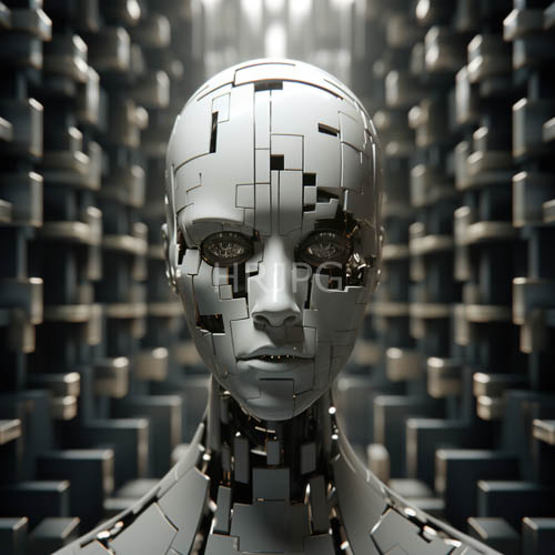 metallic robots with amber eyes stand in a dark void showcasing modern precision and design