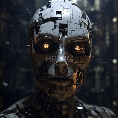 rusted mechanical humanoid robot with tangled wires and amber eyes in industrial decay