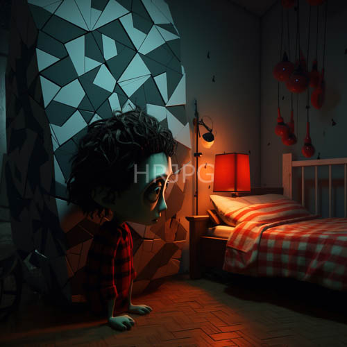 children sit amidst intricate geometric patterns and checkered bed in lateafternoon lamplit room