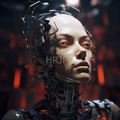 cybernetic humanoids with shattered glass faces in amber light reflected from metallic fragments