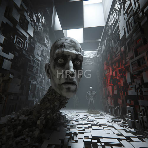 High Resolution: Pixelated Humanoid Figures Stand in Abstract Corridor with Checkerboard Ceilings and Complex Patterns download. | HRJPG.com