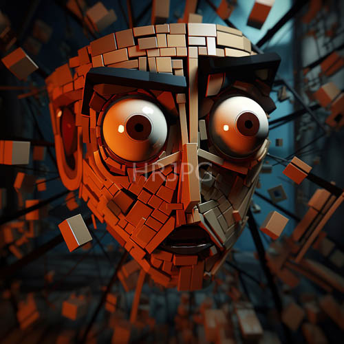 floating pixelated faces with large expressive eyes form in shades of orange and brown amidst dark blue backgrounds