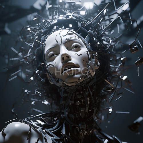 cybernetic beauty amidst fragmented metal and shattered glass surrounds pale skinned woman