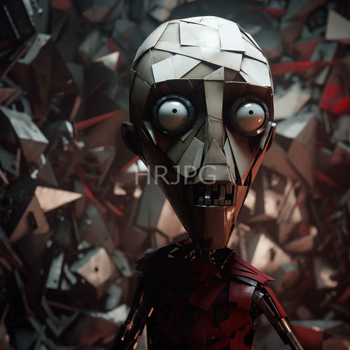 metallic heads composed of gray and beige geometric shapes with large white eyes