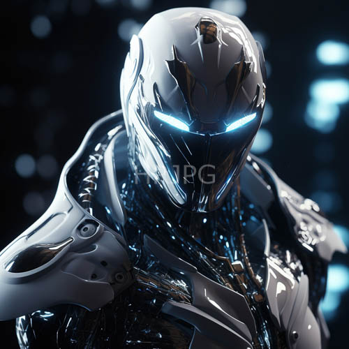 silver metallic figures glowing blue eyes stand intricate angular shapes illuminated patterns chest