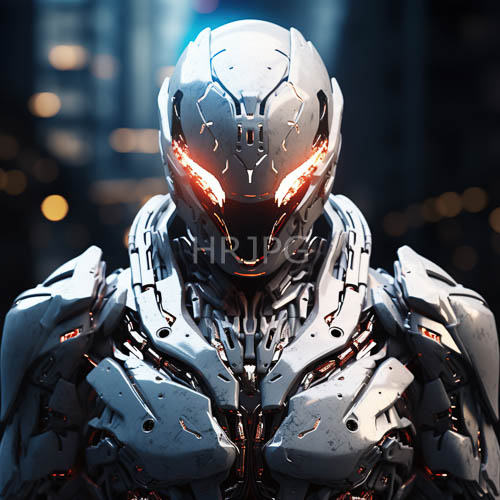 sleek armored robotic figures stand against dark blue sky with city lights blurred in bokeh effect