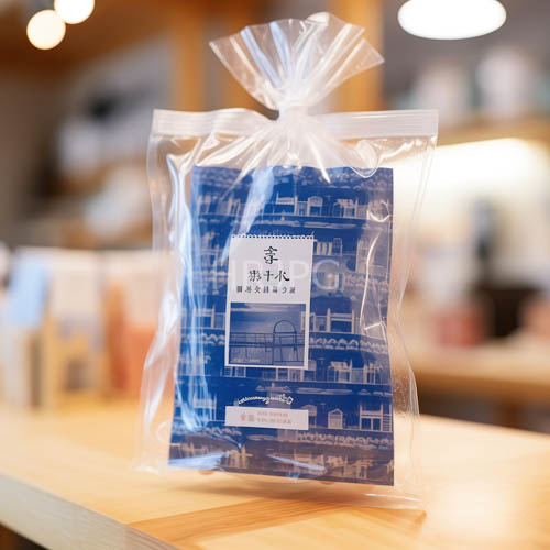 japanese snacks in transparent bags on wooden counter amidst traditional architecture