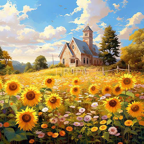 sunflowers and wildflowers in multicolored hues occupy countryside backdrop with stone churches