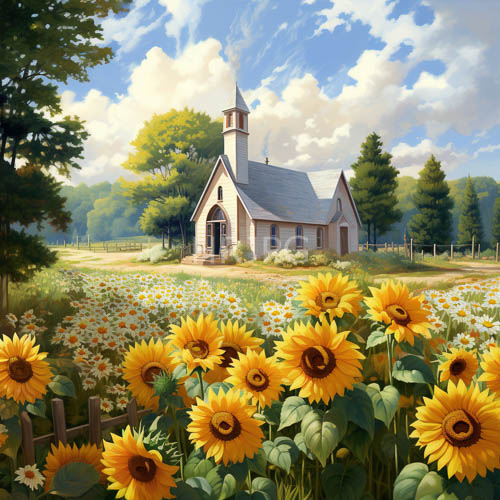 High Resolution: Lush Greenery Frames WhiteBrick Church Steeples Against Azure Sky with Sunflowers download. | HRJPG.com