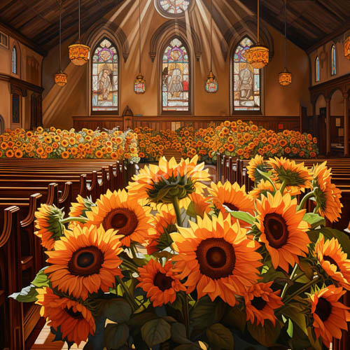 wooden beams intersect with sunflowers in orange and yellow stained glass backdrop