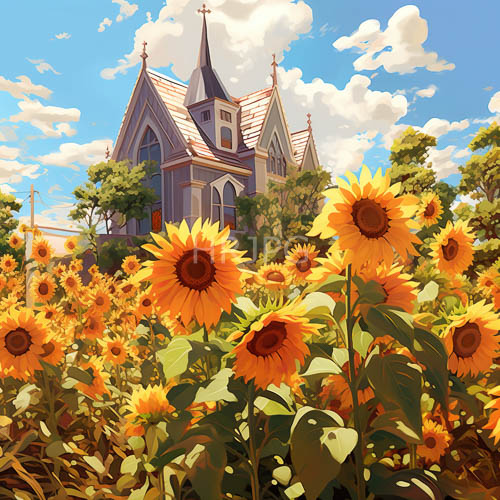 gothic churches amidst lush greenery and vibrant sunflowers in sunlit field
