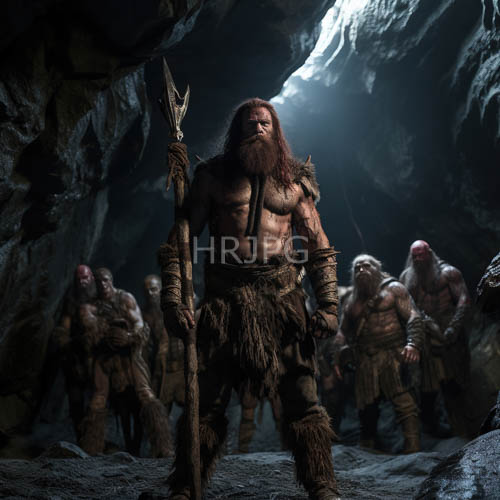 men in loincloths populate dim cavern with wooden spears and animal hides