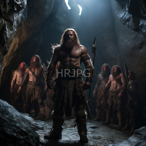long brown hair warriors on rocky terrain prepare for battle in dim cavernous setting