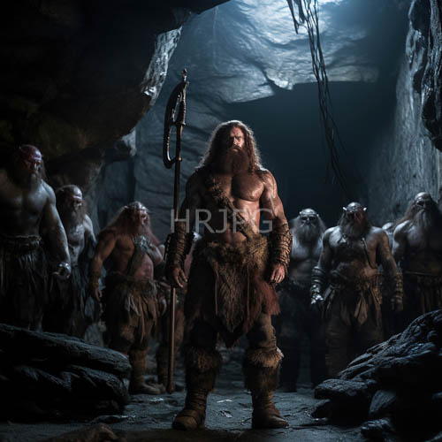 men with fur loincloths gather in dim rocky cave beneath sparse light