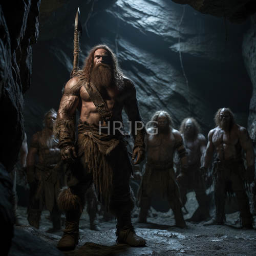 bearded warriors stand ready in dim cave with rugged primal strength