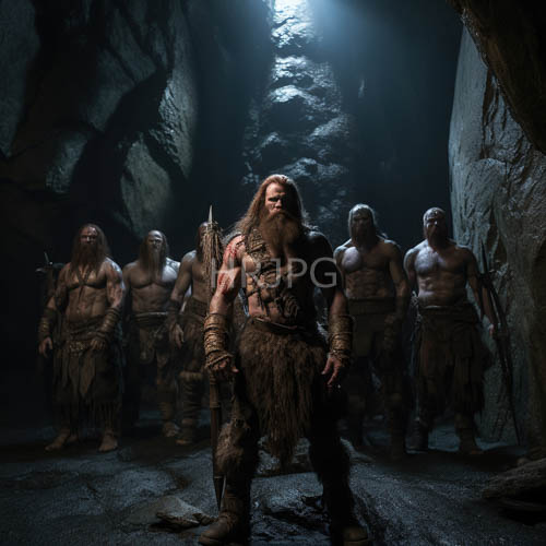 primitive men stand in dim cavern light with wooden spears and furs