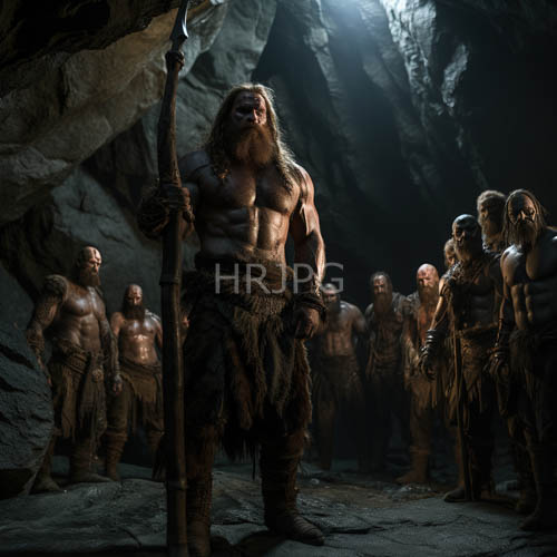 primitive beings traverse rugged terrain amidst sparse flickering cave illumination
