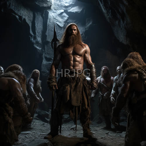 muscular warriors in tattered loincloths amidst cave shadows and dim lighting