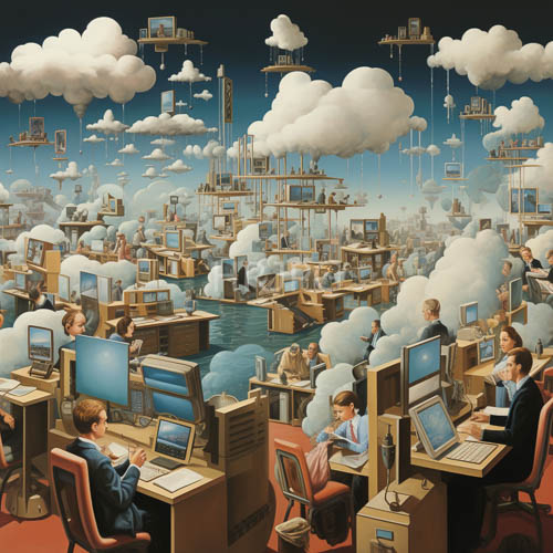 High Resolution: Floating corporate offices amidst fluffy cumulus clouds and industrial structures in deep blue sky gradient download. | HRJPG.com